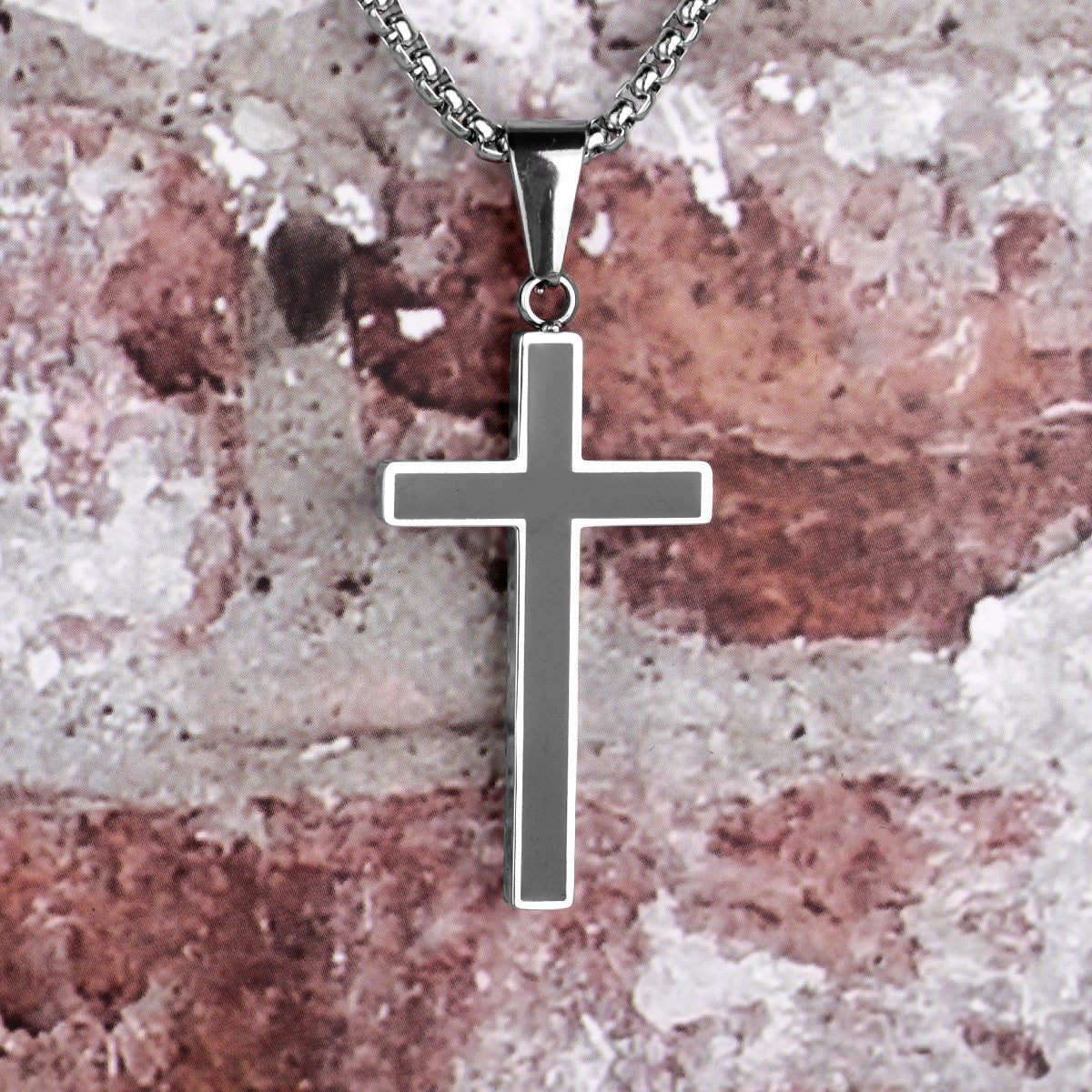 Classic No Fade Silver Stainless Steel Block Cross Pendant Chain Necklace