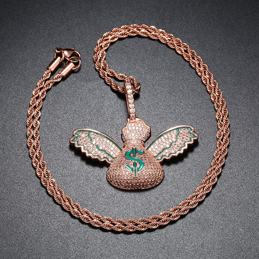 Mens Flooded Ice Money Bags Flying To Me 18k Gold 925 Silver Hip Hop Pendant