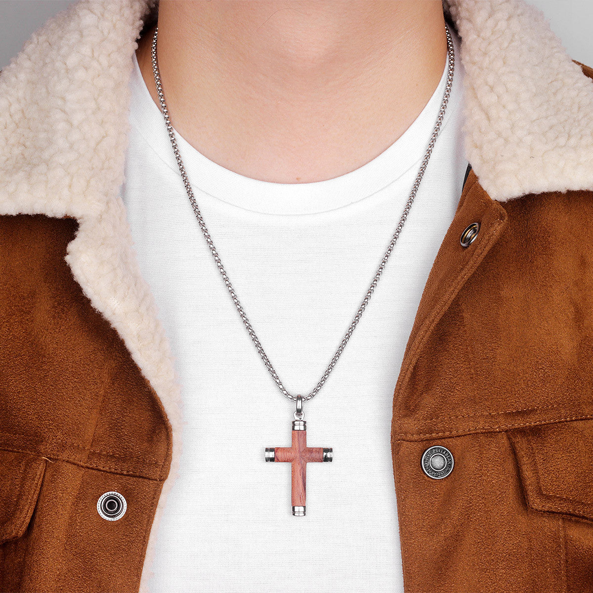No Fade Stainless Steel Real Rosewood Cross Pendant Chain Necklace