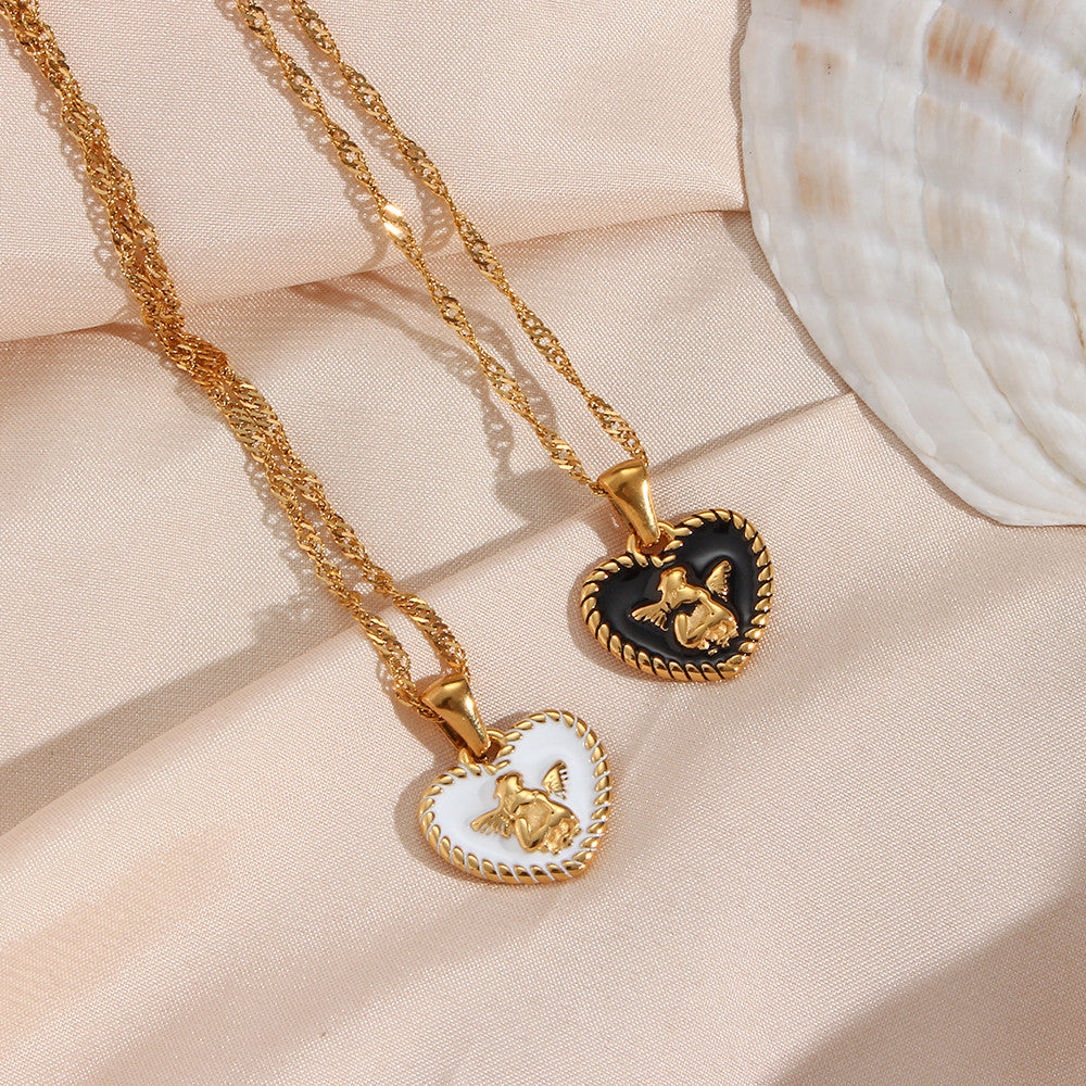 18k Gold Stainless Steel Tarnish Free Angel Heart Enamel Pendant Necklaces