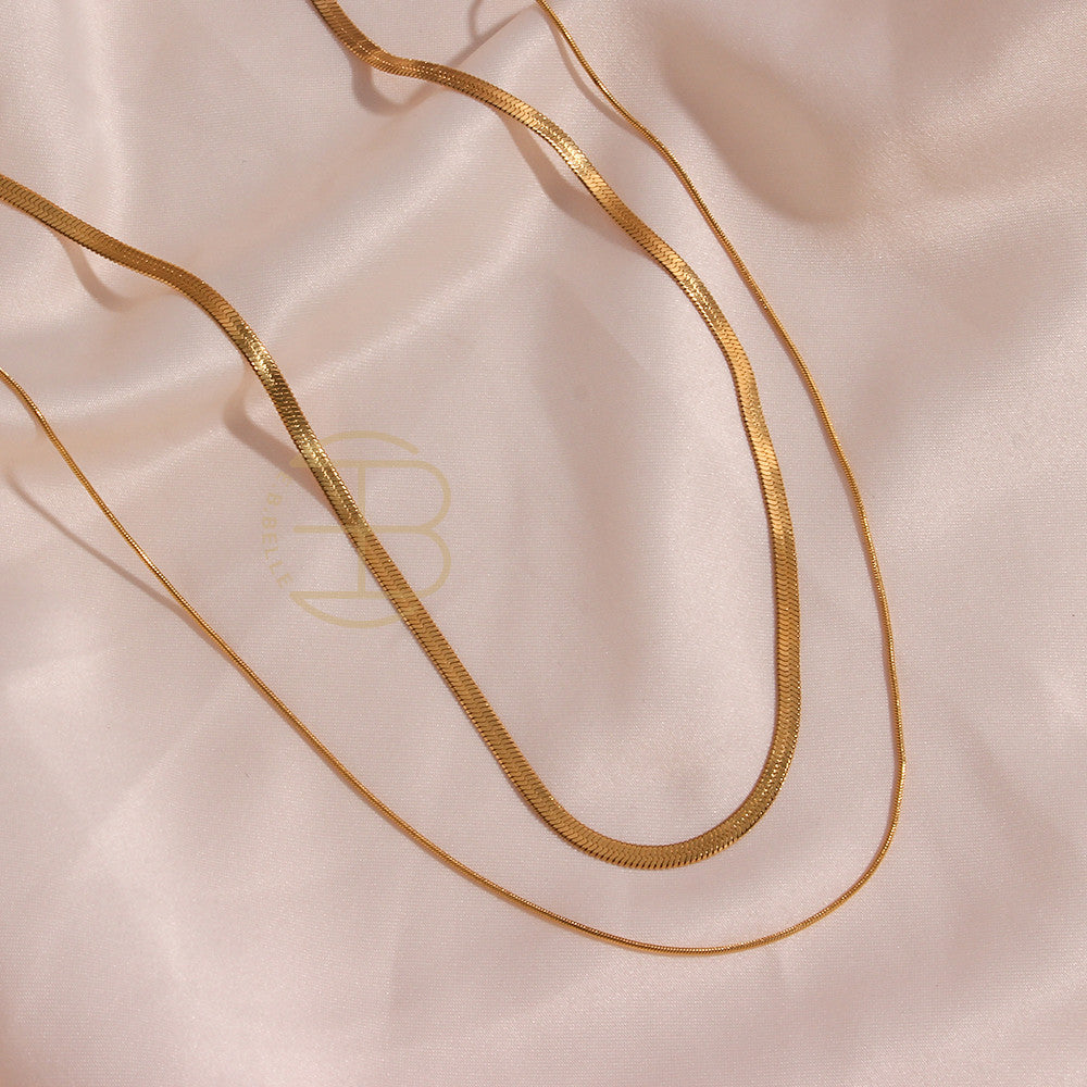 Stainless Steel Layered In 18k Gold Waterproof Double Layered Herringbone Necklace