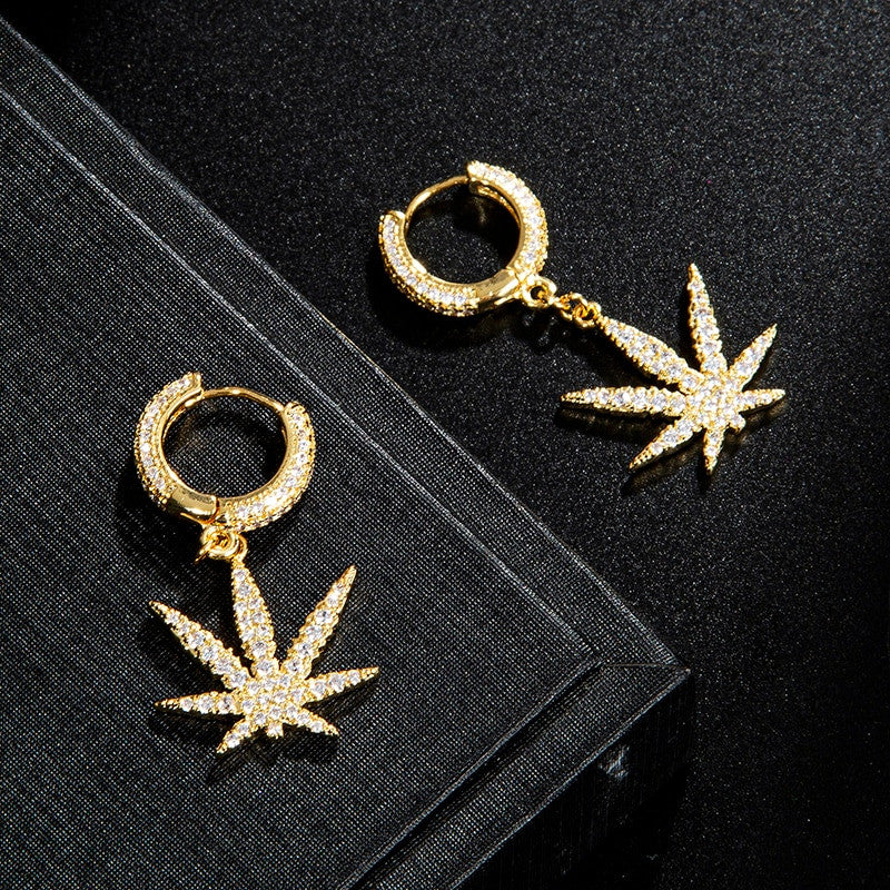 18k Gold 925 Silver AAA Micro Pave Flooded Ice 420 Weed Leaf Plant Huggie Hoop Earrings