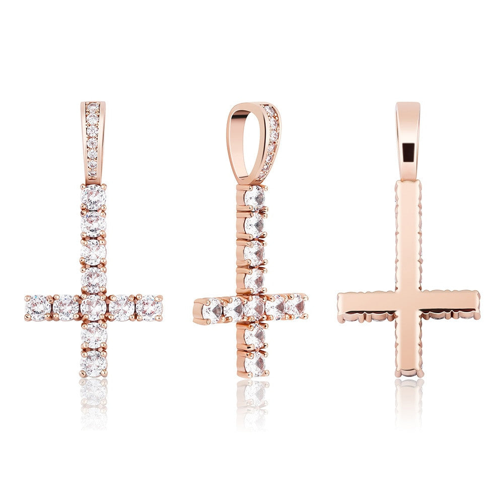 Mens Rose Gold 14k 925 Silver Cluster Stone Upside Down Single Peter Cross Pendant Chain Necklace