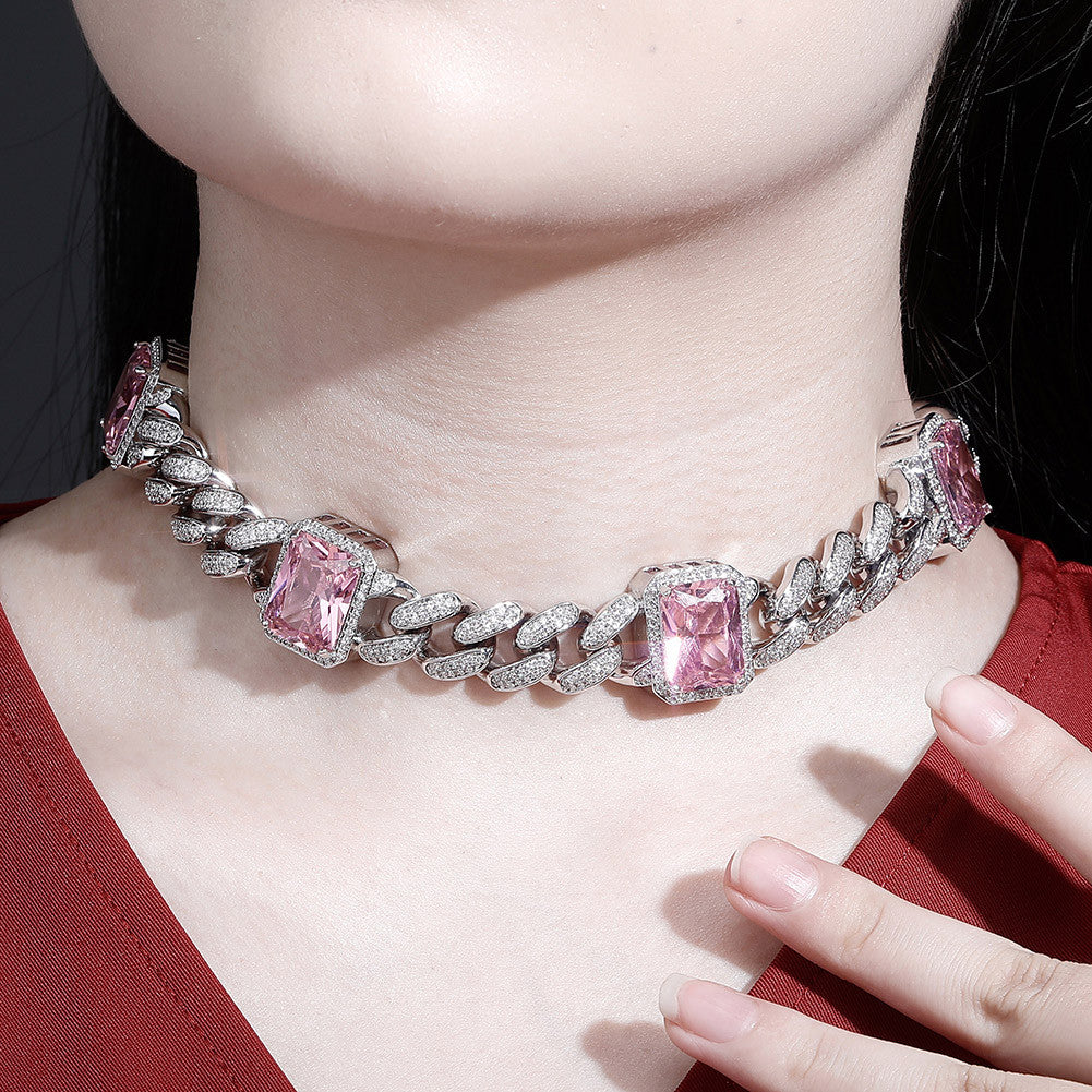 Ladies 13mm Micro Pave 6 Color Gemstone Hip Hop Miami Cuban Link Chain Necklace