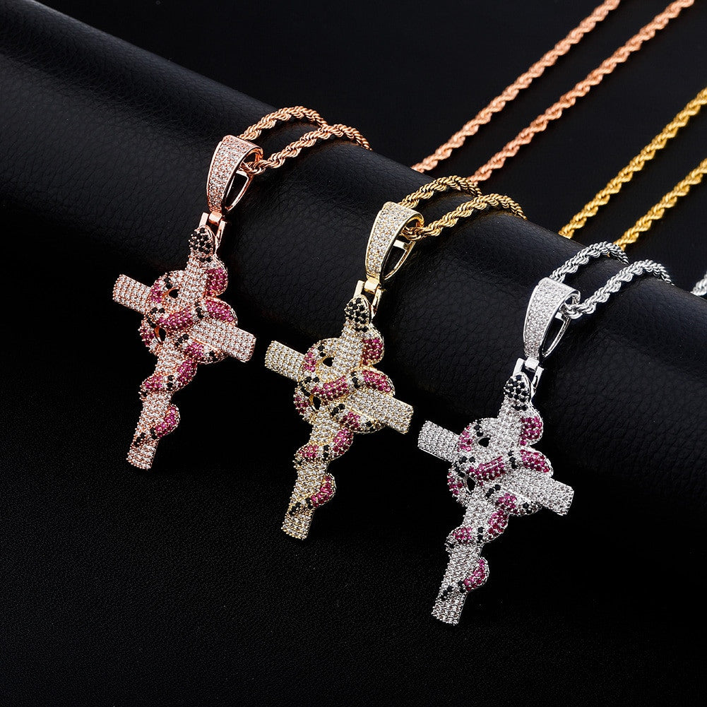 AAA Micro Pave Coral Snake Flooded Ice Hip Hop Cross Pendant Chain Necklace