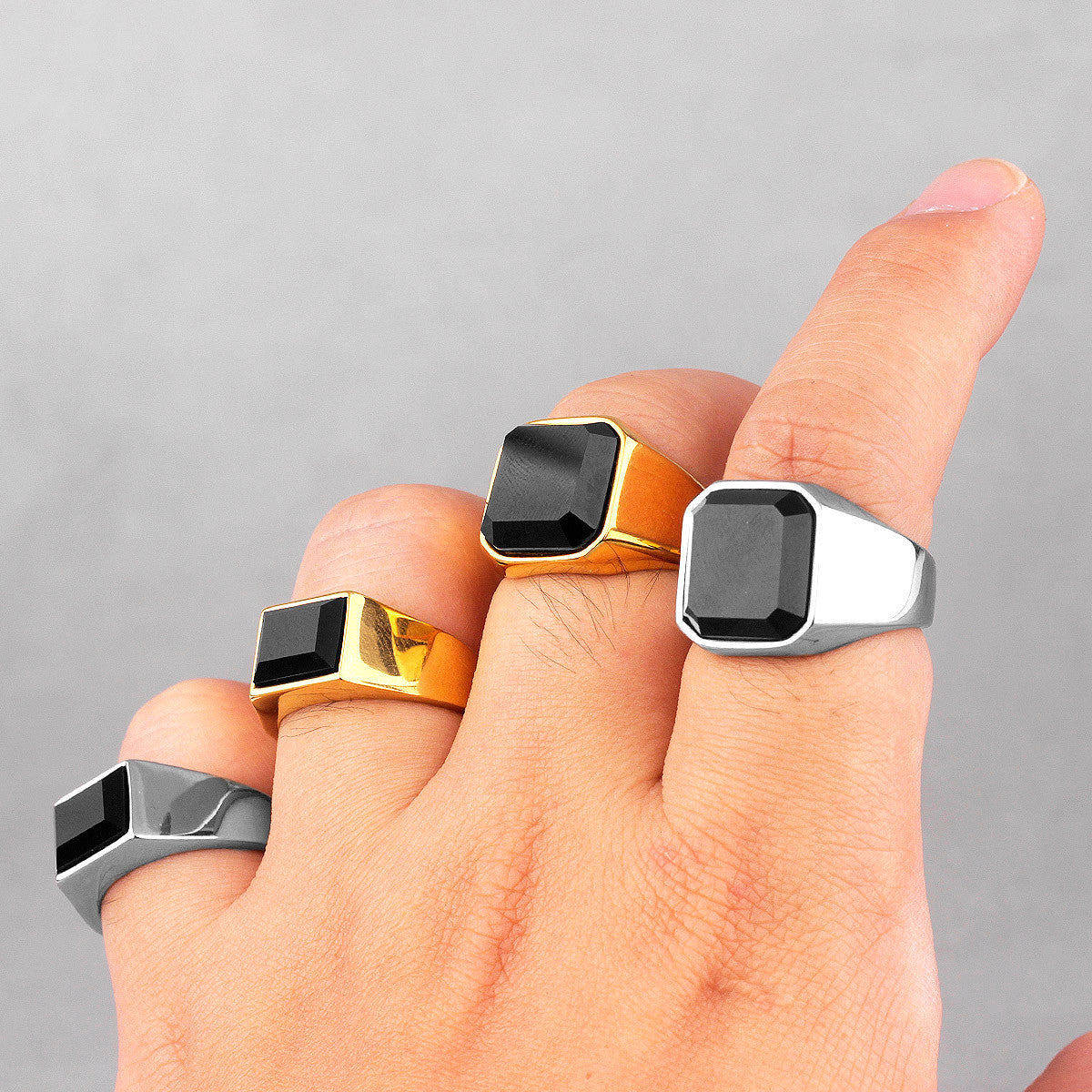 Simple Luxury | 14k Gold Over Solid Stainless Steel Black Gemstone Street Style Rings