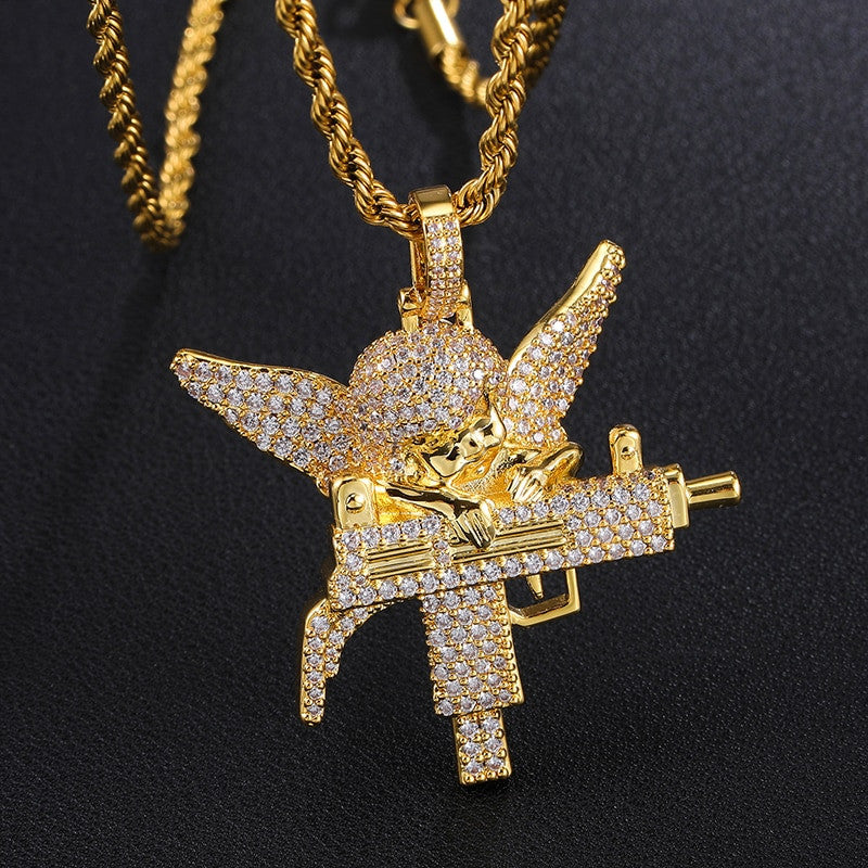 Flooded Ice Uzi Machine Hip Hop Guardian Angel Bling Pendant Chain Necklace