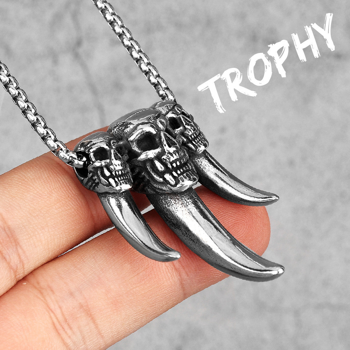 Mens 316L Stainless Steel Skull Tooth Trophy No Fade Pendant Chain Necklace