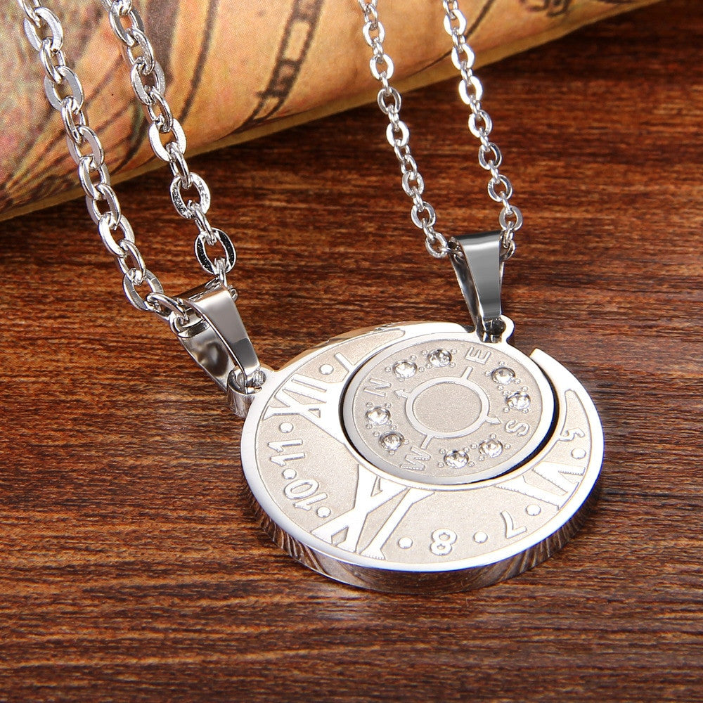Couples Lovers No Fade Stainless Steel Eternal Love Compass Bling Bling Pendant Chain Necklace