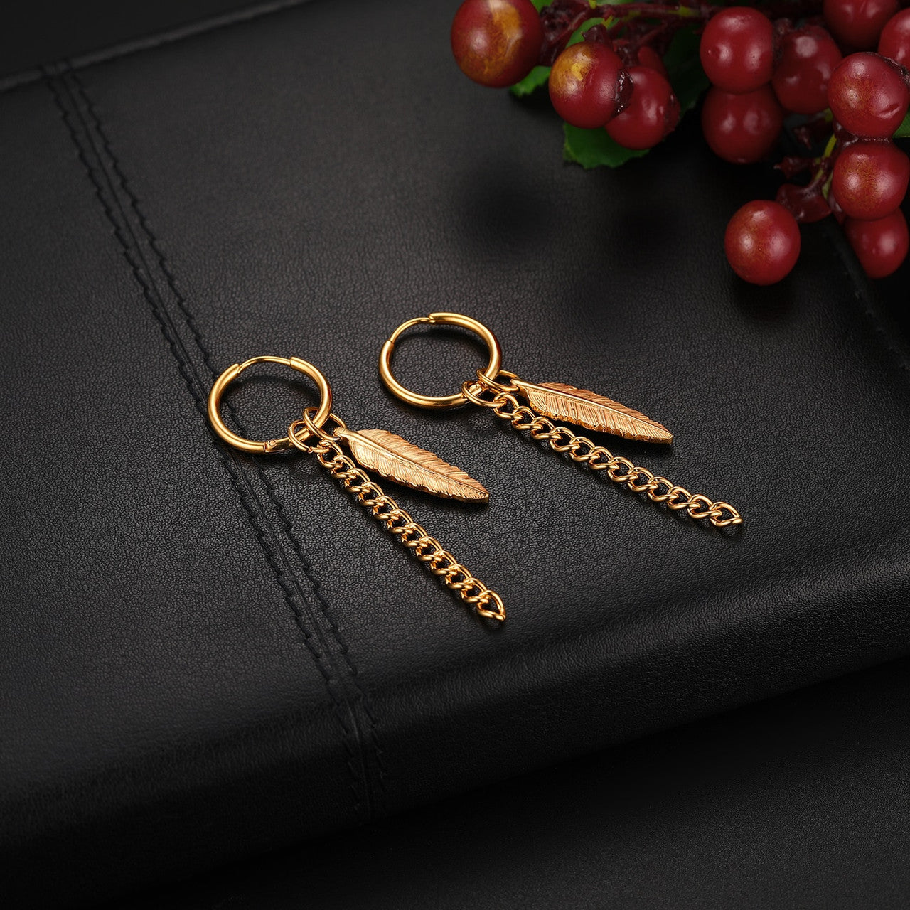 Black 14k Gold Silver over Stainless Steel Tribal Feather Leaf Earrings