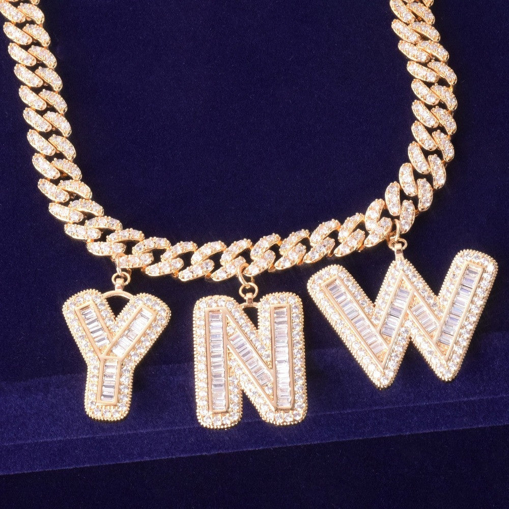 18k Gold .925 Silver Rose Gold Flooded Ice Baguette Stone 10mm Custom Letter Cuban Link Chain