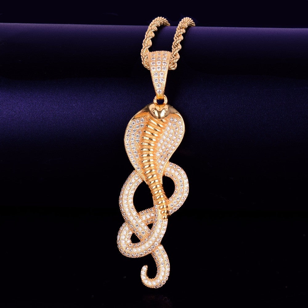 King Cobra Real 18k Gold True Micro Pave Hip Hop Flooded Ice Pendant Chain Necklace