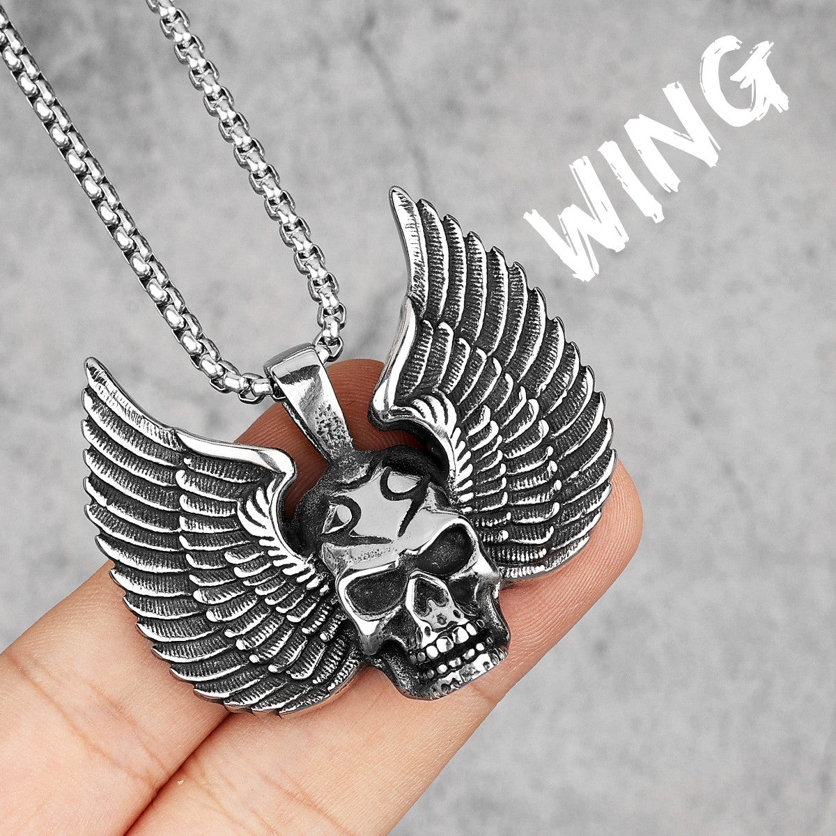 Mens No Fade 316L Stainless Steel Fallen Angel Skull Wings Hip Hop Street Wear Pendant