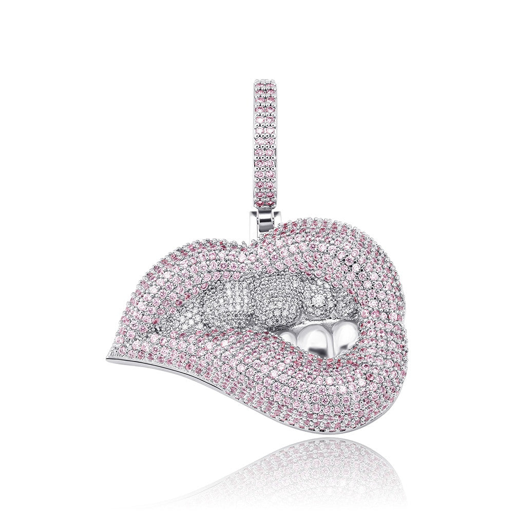 Hip Hop Sexy Ladies Drip Drop Bottom Lip Bite Bling Micro Pave Pendant Chain Necklace