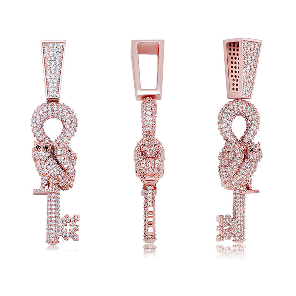 Hip Hop Flooded Ice Wise Owl Skeleton Key Bling Pendant Chain Necklace