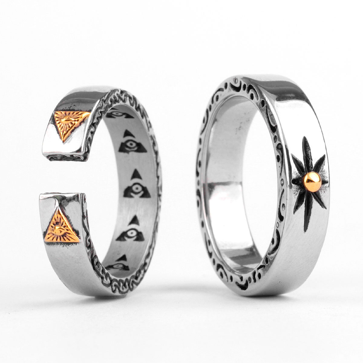 Mens No Fade Stainless Steel All Seeing Eye Illuminati Pyramid Street Wear Rings