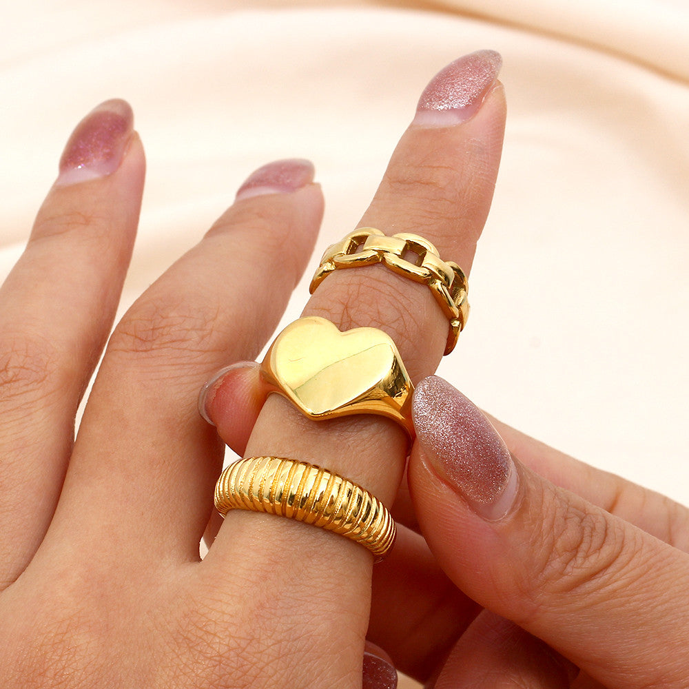 Women's 18k Gold Stainless Steel No Fade Fine Polished Wide Large Heart Finger Rings