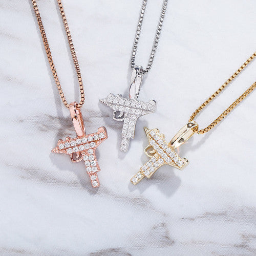Ride or Die Rose Gold 14k Gold Solid .925 Sterling Silver Uzi Machine Gun Chain Necklace