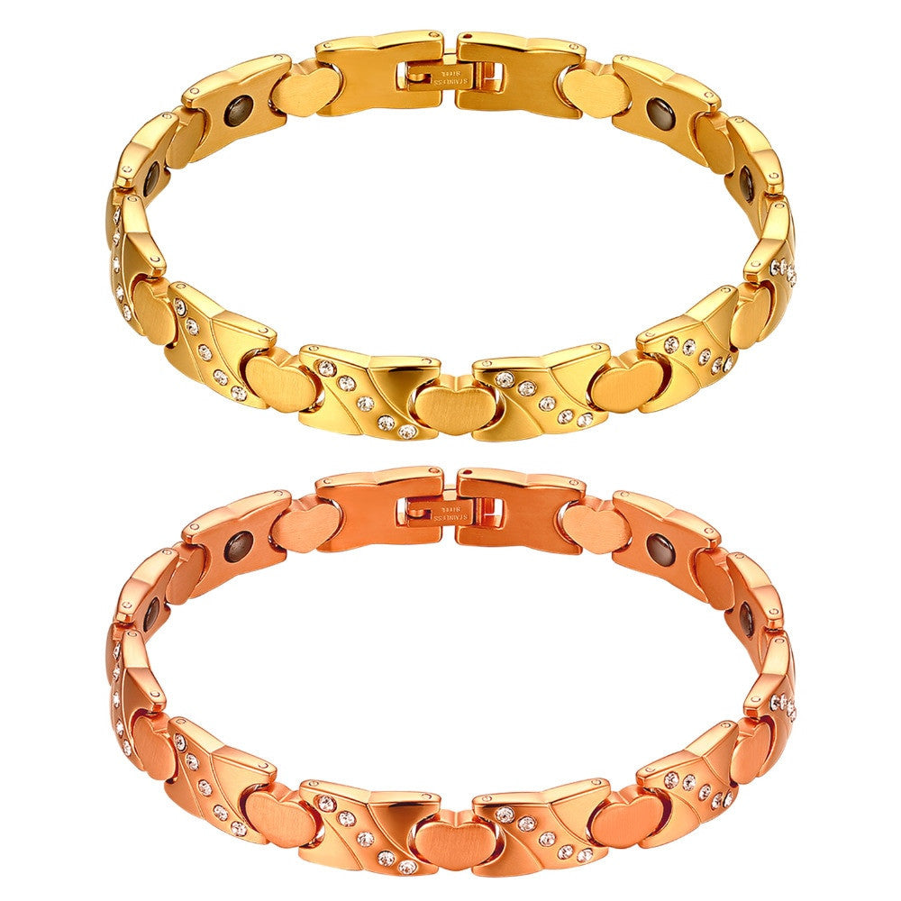 Ladies Heart Gold Bling Bling Magnetic Stone No Fade Stainless Steel Bracelets