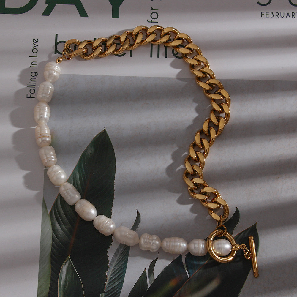 18k Gold Stainless Steel Chunky Natural Freshwater Pearl Cuban Chain Choker Necklaces