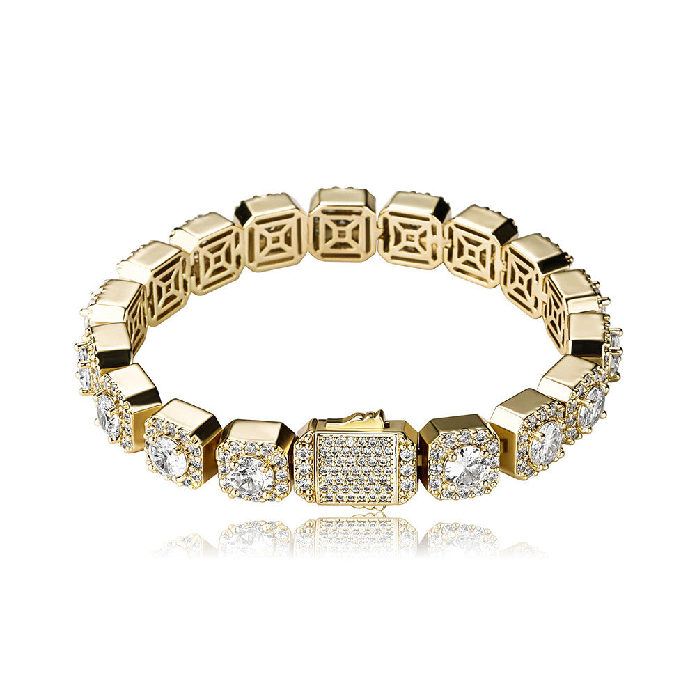Yellow White Gold VVS Diamond CZ Hip Hop Clustered Stone Spring Clasp Tennis Bracelet