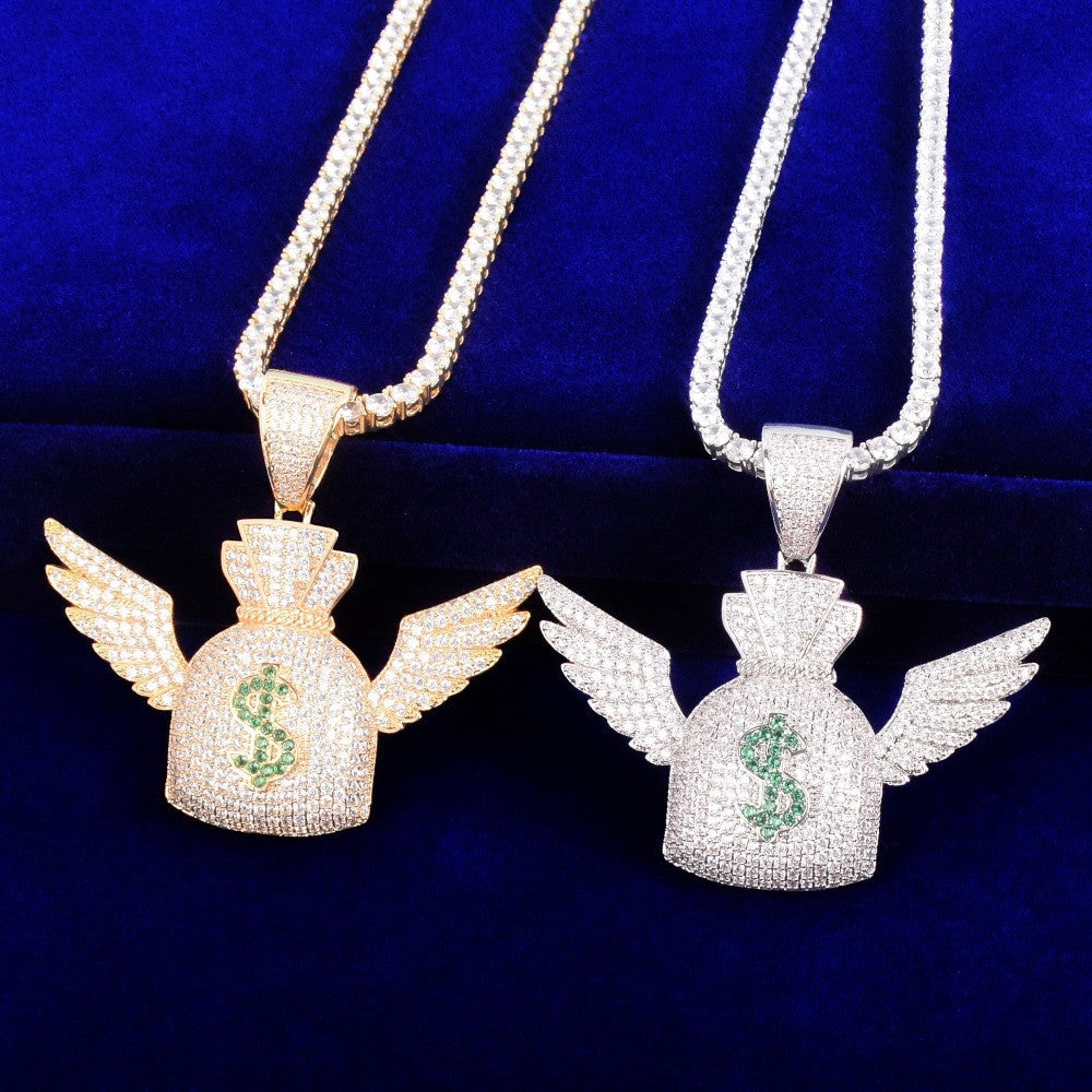 Money Flying To Me Dollar Sign Wings Money Bag Gold Silver Rose Gold Hip Hop Pendant