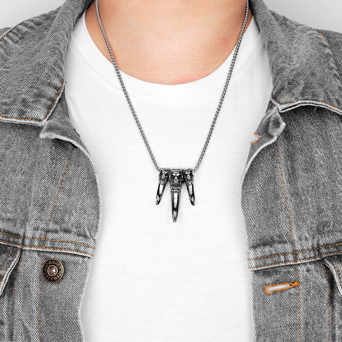Mens 316L Stainless Steel Skull Tooth Trophy No Fade Pendant Chain Necklace