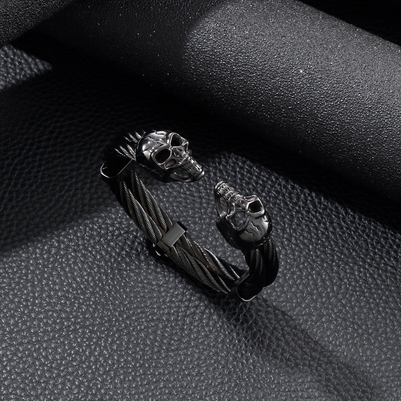 SkullFlex | Mens Double Layer Skull Cable Bangle Stainless Steel Bracelet