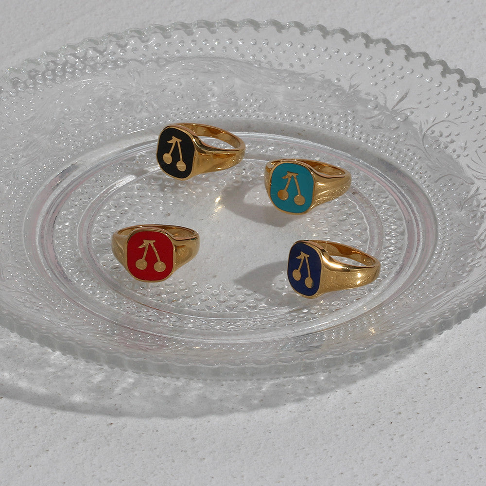 Ladies 18k Gold Solid Stainless Steel Black Red Blue Enamel Stone Cherry Ring