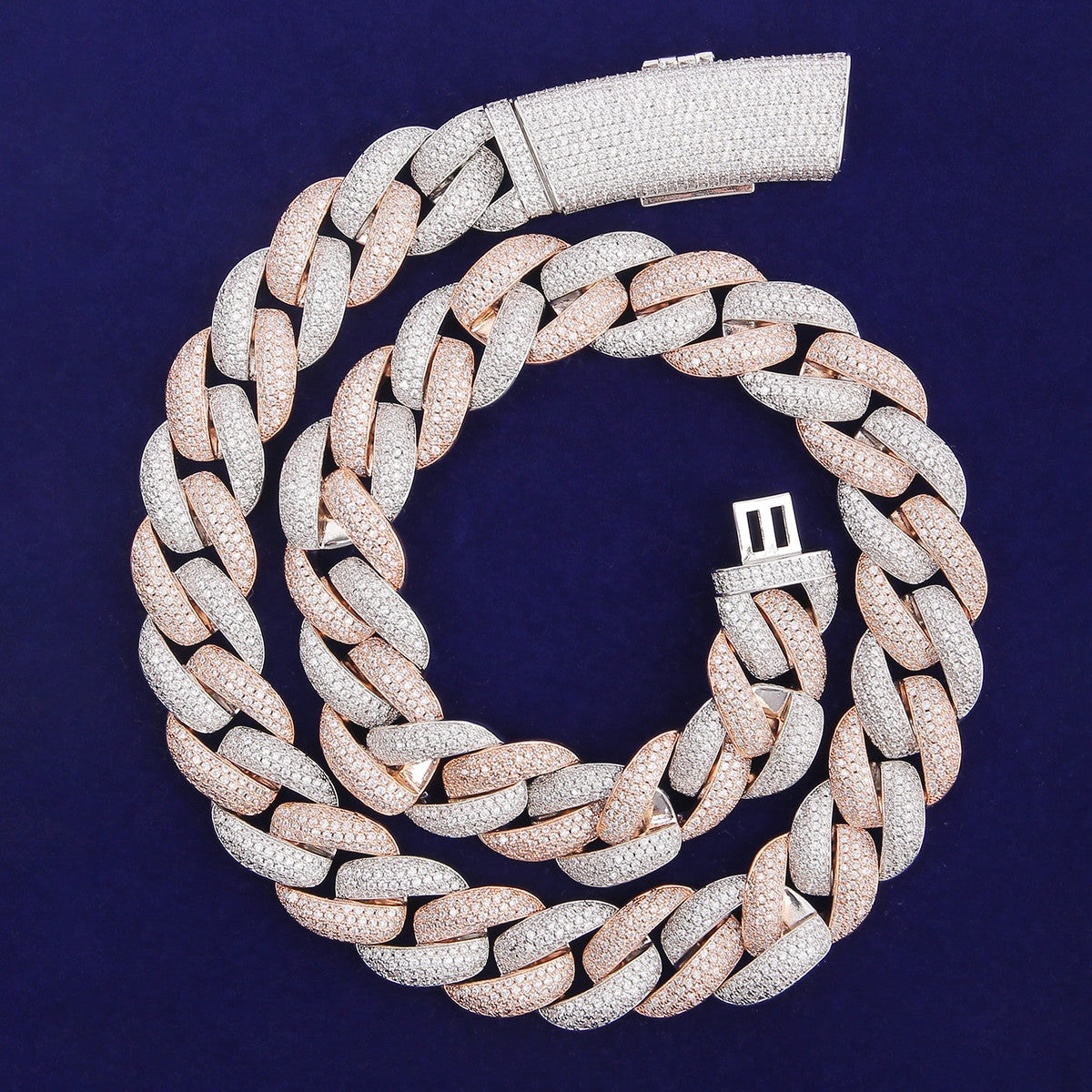 Rose &amp; White Gold Flooded Iced Clasp 20mm Hip Hop Two Tone Miami Cuban Link Chain Necklace