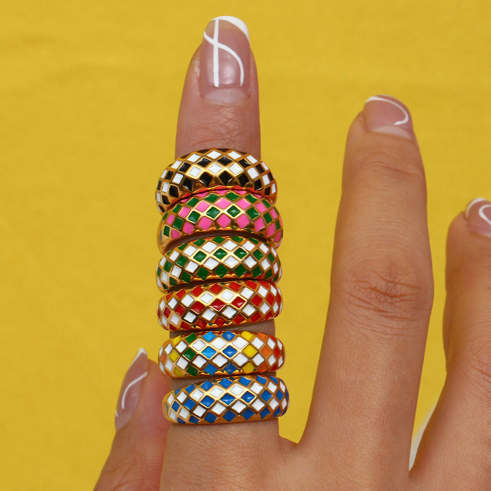 18k Gold Stainless Steel Designer Tarnish Free Colorful Checker Rings