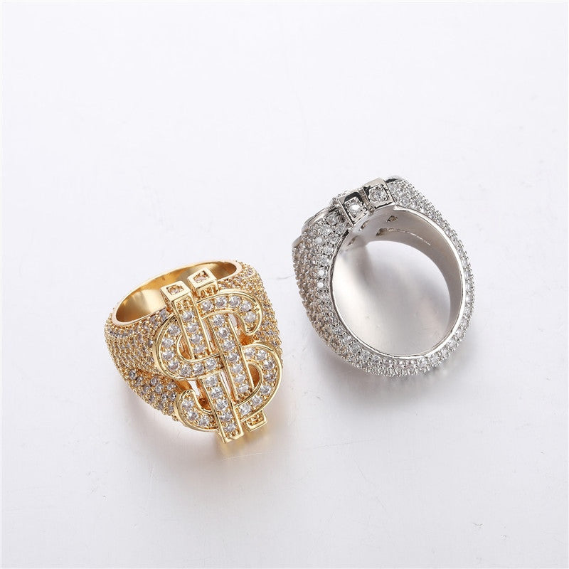14k Yellow White Gold Flooded Ice Cash Money Dollar Sign Hip Hop AAA Bling Rings