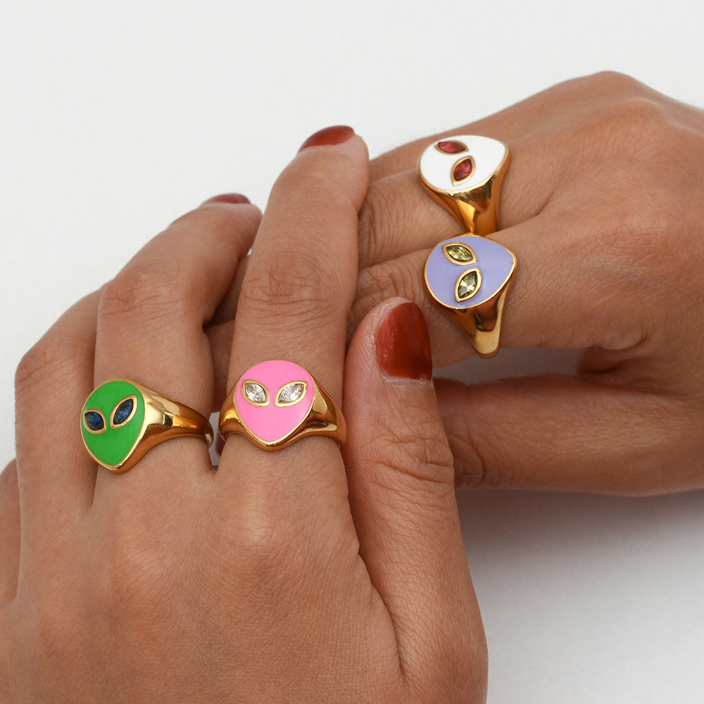 18k Gold Waterproof Tarnish Free Stainless Steel Colorful Pink Green CZ Stone Alien Rings