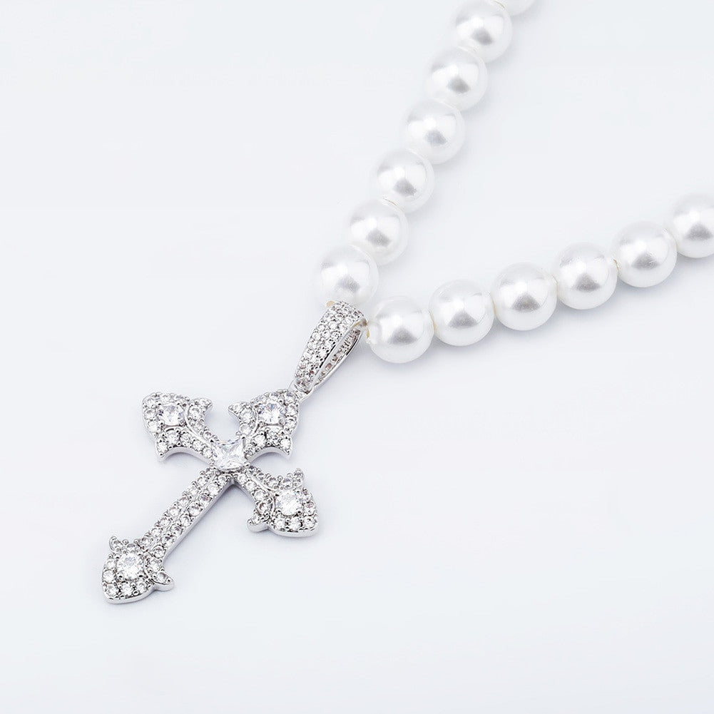 Ladies High Fashion Vintage Look White Pearl Necklace Flooded Ice Butterfly Pendant Charm