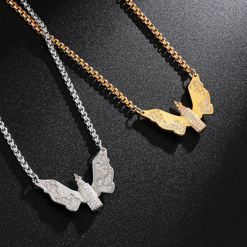 Hip Hop Iced Pave Set 14k Gold .925 Silver Angel Wings Bullet Bling Pendant Chain Necklace