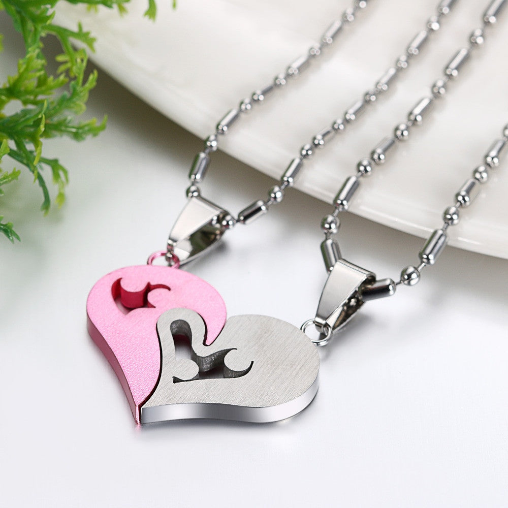 2 Piece Matching Couples Lovers No Tarnish Stainless Steel I Love You Heart Chain Necklace