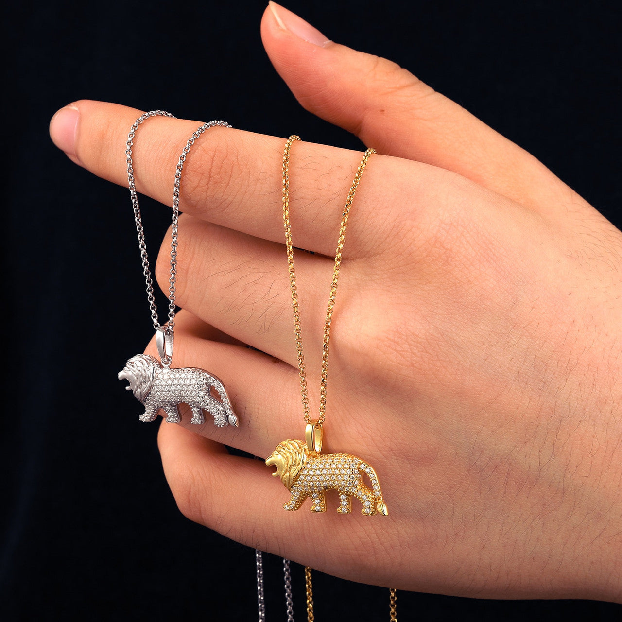 925 Sterling Silver Genuine VVs Diamond Lion Pendant Chain Necklace