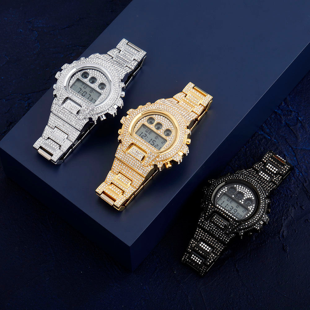 New Flooded Ice Fashion Stainless Steel Digital Movt Watch Lab Diamond Hip Hop Wristwatch