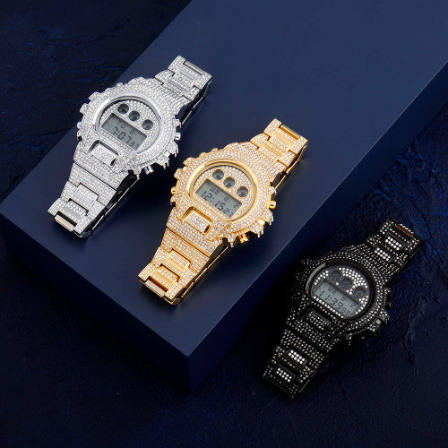 New Flooded Ice Fashion Stainless Steel Digital Movt Watch Lab Diamond Hip Hop Wristwatch