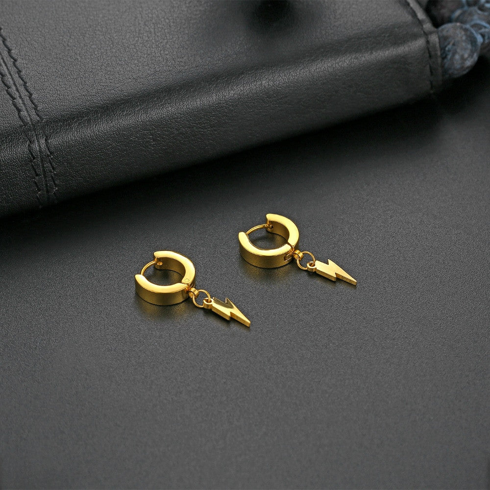 High Fashion No Fade Gold Silver Black Stainless Steel Huggie Lightning Bolt Earrings