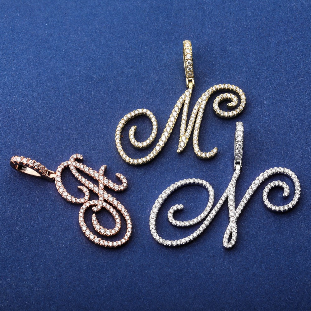 Cursive Ice | Style A-Z Cursive Letter VVS Diamond CZ Initial Name Pendant Necklace