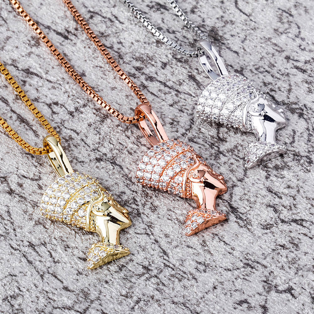 Sterling Silver Ancient African Egyptian Queen Nefertiti Iced Chain Necklace