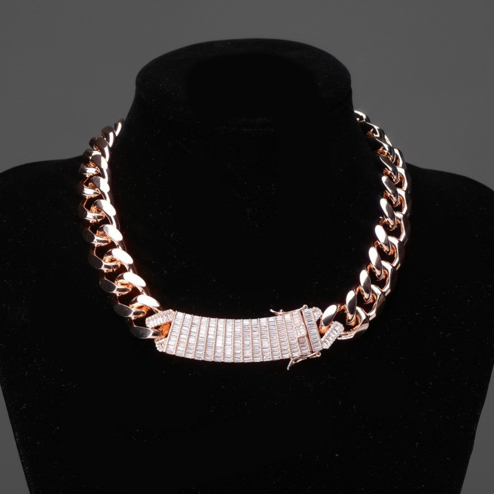 Iced 18mm Long Lock Clasp Blinged Out AAA Baguette Prong Pave Setting Cuban Link Chain Necklace