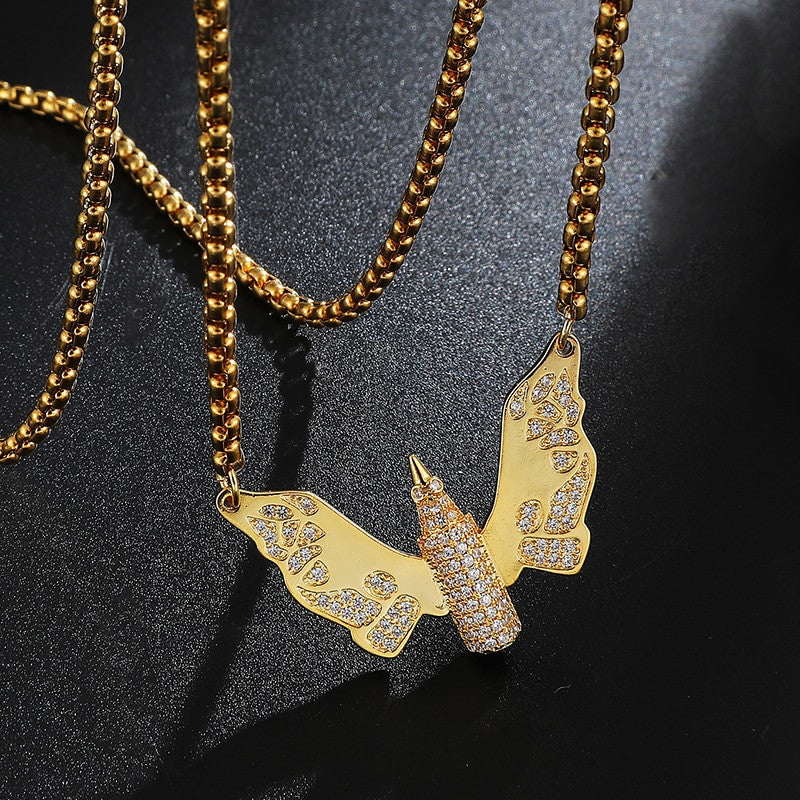 Hip Hop Iced Pave Set 14k Gold .925 Silver Angel Wings Bullet Bling Pendant Chain Necklace