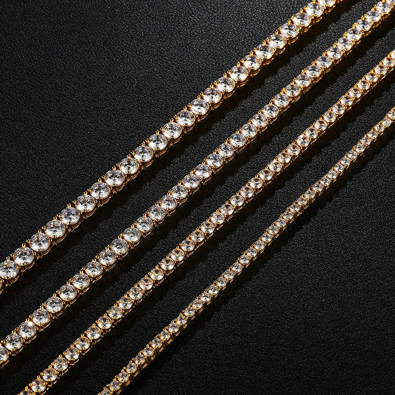 925 Silver 14k Gold Hip Hop 1 Row AAA Stone Bling Spring Clasp Tennis Chain Necklace