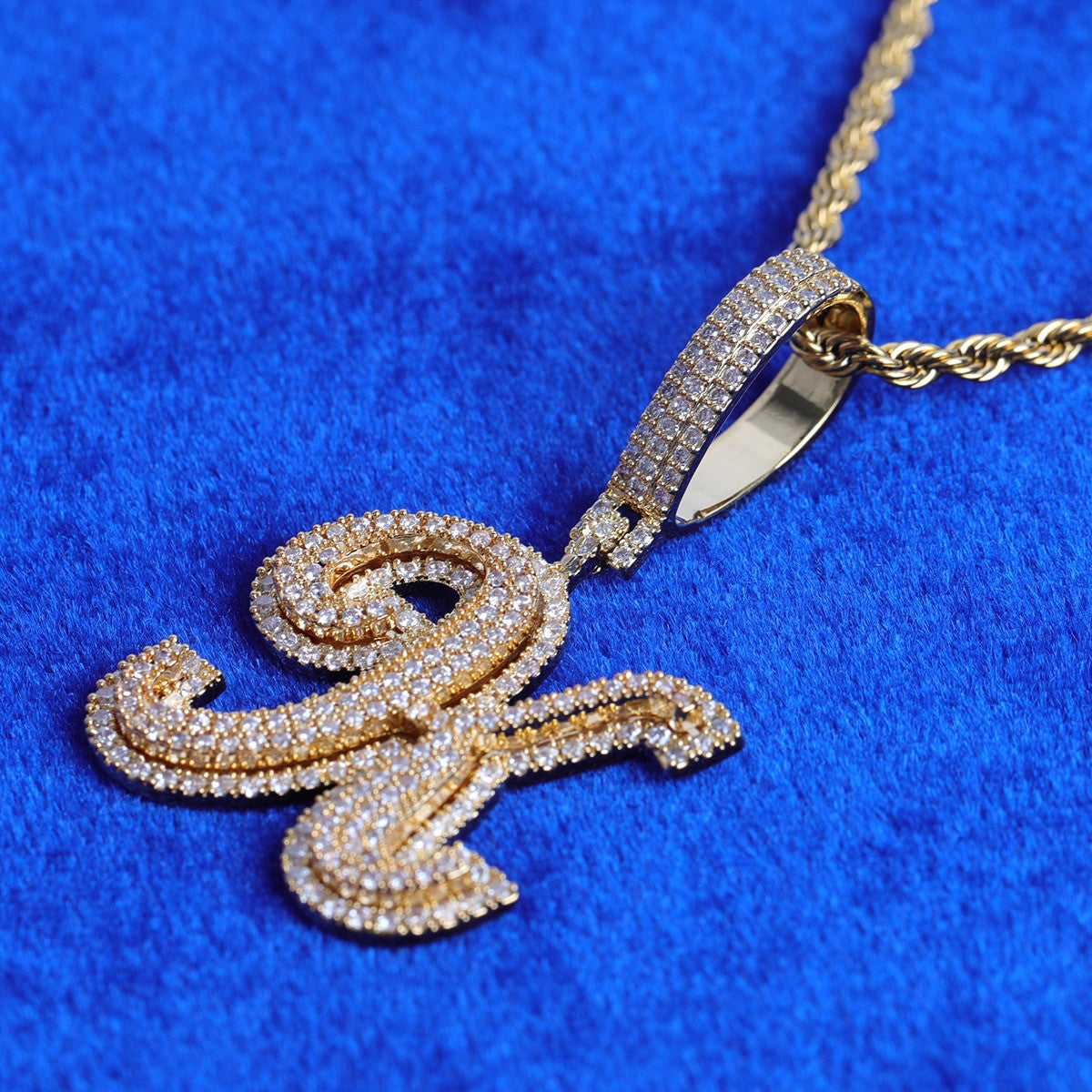 24k Yellow Gold 925 Silver 3A True Micro Pave Print Initial Letters Bling Pendants