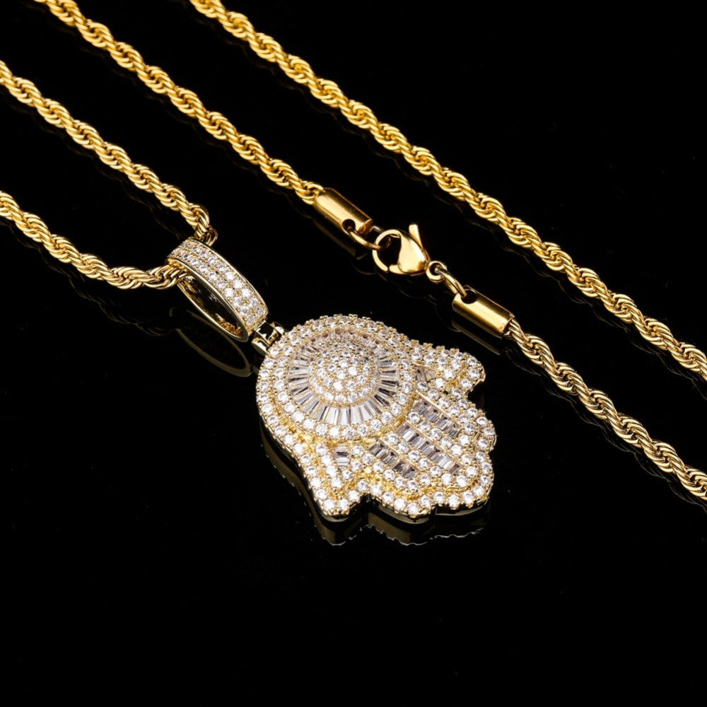 New Hamsa Hand AAA Micro Pave Baguette Stone Rose Gold Silver 14k Pendant