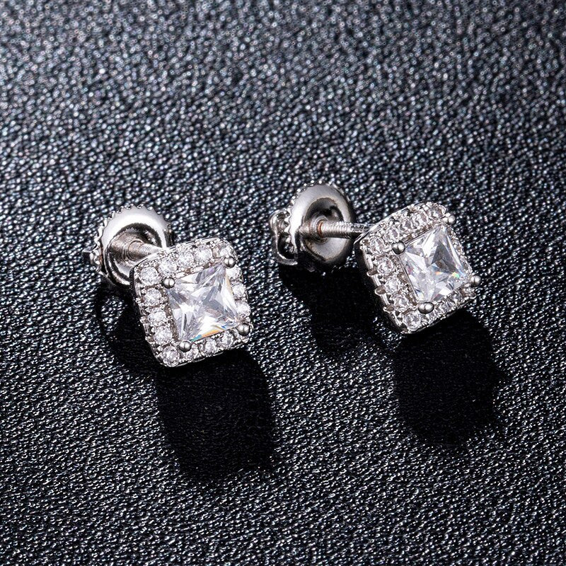 925 Silver 18k Gold 7mm Centerstone Cluster Flooded Ice Hip Hop Screw Back Earrings