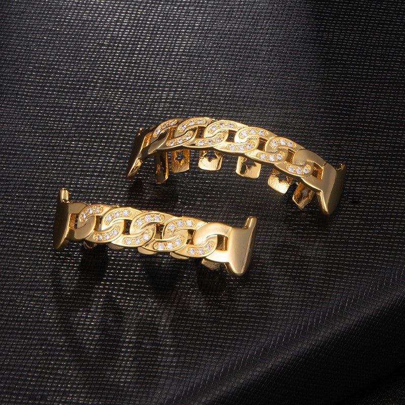 Blinged Out Micro Pave Iced Hip Hop Cuban Link Fang Top Bottom Teeth Grillz Set