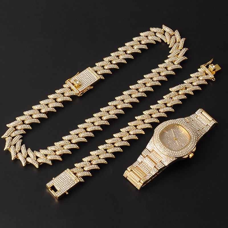Crown Of Thorns Hip Hop 19MM Flooded Ice 3pcs Watch Necklace Bracelet Combo Set It Off Set